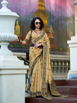 URBAN PALLU - Women Trendy Yellow Woven Cotton Blend Saree