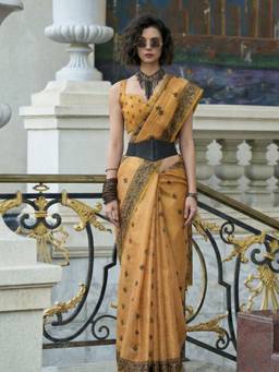 URBAN PALLU - Women Statement Yellow Woven Cotton Blend Saree