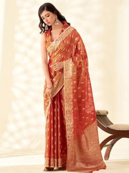 URBAN PALLU - Women Glamorous Rust Woven Silk Blend Saree