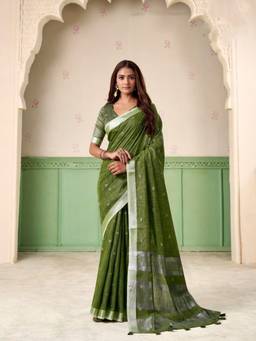 URBAN PALLU - Women Artistic Green Woven Silk Blend Saree