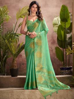 URBAN PALLU - Women Fashionable Green Woven Silk Blend Saree