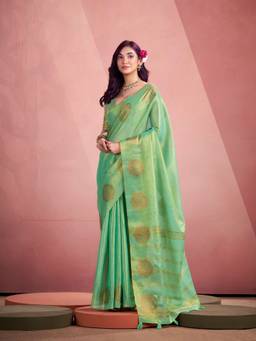 URBAN PALLU - Women Designer Green Woven Silk Blend Saree