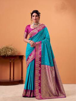 URBAN PALLU - Women Refined Turquoise Woven Silk Blend Saree