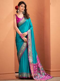 URBAN PALLU - Women Designer Turquoise Printed Silk Blend Saree