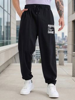 Styli - Black Slogan Print Oversized Jogger