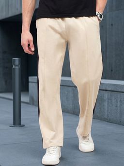 Styli - Mens Beige Cotton Side Contrast Open Hem Relaxed Fit Trackpant with Zip Pockets