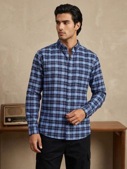 Styli - Navy Blue Checked Regular Fit Button Down Collar Full Sleeves Casual Shirt
