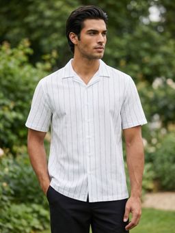 Styli - White Striped Oversize Fit Resort Collar Short Sleeves Casual Shirt