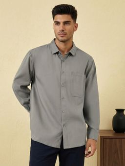 Styli - Grey Solid Relaxed Fit Spread Collar Full Sleeves Casual Shirt