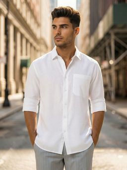 Styli - Off White Solid Relaxed Fit Spread Collar Full Sleeves Casual Shirt