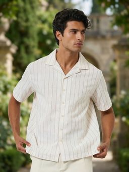 Styli - Off White Striped Resort Collar Overize Fit Short Sleeve Casual Shirt