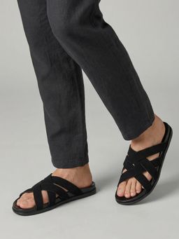 Styli - Men Black Criss-Cross Slide Comfort Sandals