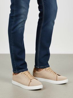 Styli - Men Beige Casual Perforated Lace-Up Sneakers
