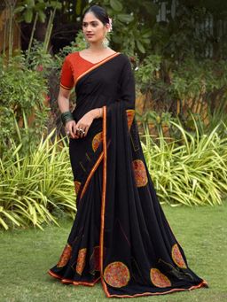 Sareemall - Women Georgette Black Embellished/Sequined Saree with Unstitched Bloue