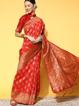 Sareemall - Women Silk Blend Mustard Woven Saree with Unstitched Bloue