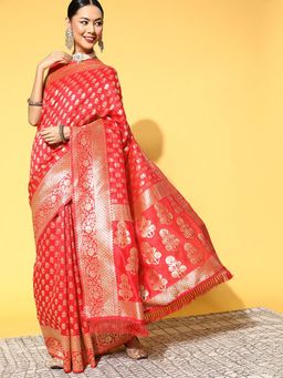 Sareemall - Women Silk Blend Pink Woven Saree with Unstitched Bloue
