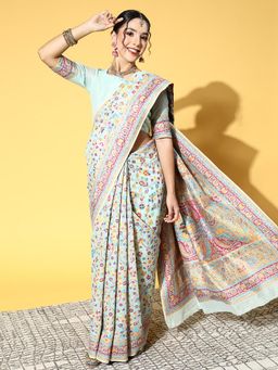 Sareemall - Women Modal Blue Floral Saree with Unstitched Bloue