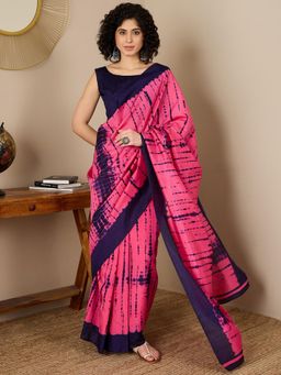 Akhilam - Women Silk Blend Pink Printed Saree with Unstitched Bloue
