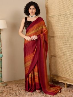 Akhilam - Women Poly Georgette Rust Stripes Saree with Unstitched Bloue