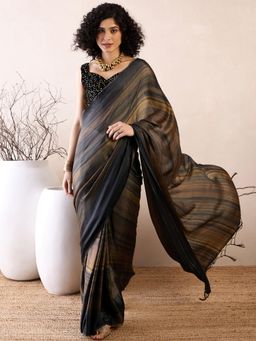 Akhilam - Women Poly Georgette Black Stripes Saree with Unstitched Bloue