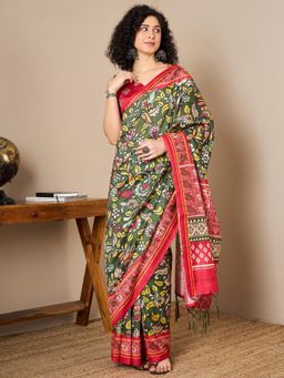 Akhilam - Women Silk Blend Olive Printed Saree with Unstitched Bloue