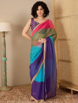 Akhilam - Women Organza Multi-Color Colorblock Saree with Unstitched Bloue