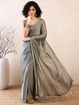 Sareemall - Women Poly Georgette Grey Stripes Pre-Draped Saree with Unstitched Bloue