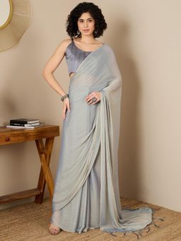 Sareemall - Women Poly Georgette Grey Solid/Plain Saree with Unstitched Bloue