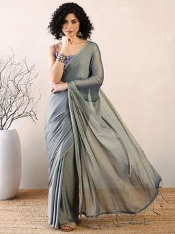 Sareemall - Women Poly Georgette Grey Stripes Saree with Unstitched Bloue