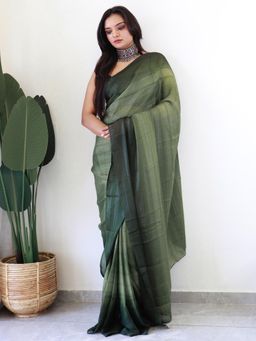 Akhilam - Women Georgette Olive Printed Saree with Unstitched Bloue
