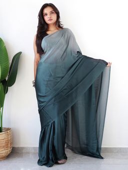 Akhilam - Women Georgette Teal Ombre Saree with Unstitched Bloue