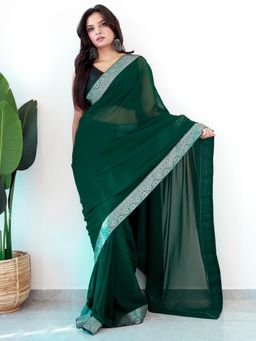 Akhilam - Women Georgette Green Embellished/Sequined Saree with Unstitched Bloue
