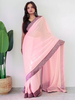 Akhilam - Women Georgette Pink Embellished/Sequined Saree with Unstitched Bloue
