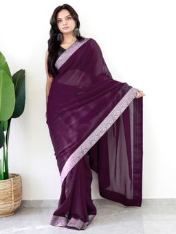 Akhilam - Women Georgette Magenta Embellished/Sequined Saree with Unstitched Bloue
