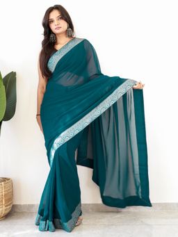 Akhilam - Women Georgette Teal Embellished/Sequined Saree with Unstitched Bloue