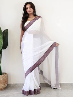 Akhilam - Women Georgette White Embellished/Sequined Saree with Unstitched Bloue