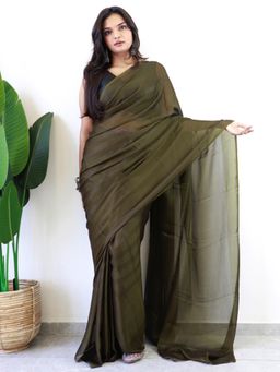 Akhilam - Women Georgette Olive Stripes Saree with Unstitched Bloue