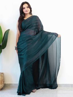 Akhilam - Women Georgette Teal Stripes Saree with Unstitched Bloue