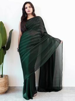 Akhilam - Women Georgette Green Stripes Saree with Unstitched Bloue