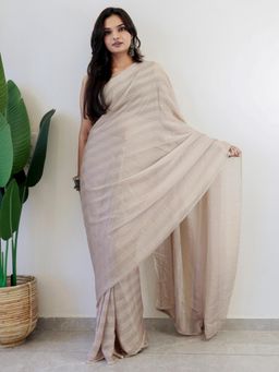 Akhilam - Women Georgette Beige Stripes Saree with Unstitched Bloue