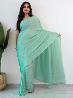Akhilam - Women Georgette Turquoise Stripes Saree with Unstitched Bloue