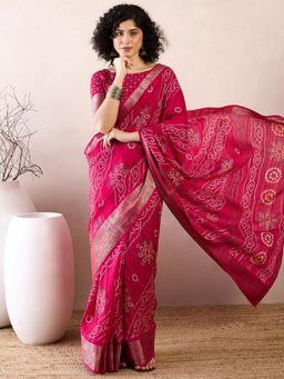 Akhilam - Women Moonga Silk Pink Printed Saree with Unstitched Bloue