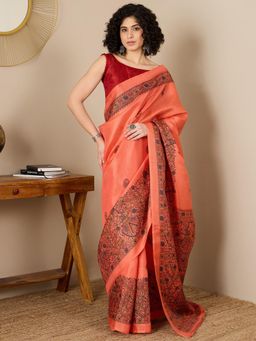 Sareemall - Women Tussar Silk Orange Printed Saree with Unstitched Bloue