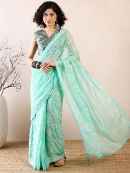 Sareemall - Women Chiffon Green Embellished/Sequined Saree with Unstitched Bloue