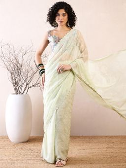Sareemall - Women Chiffon Green Embellished/Sequined Saree with Unstitched Bloue
