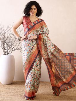Sareemall - Women Poly Silk Green Printed Pre-Draped Saree with Unstitched Bloue