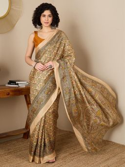 Sareemall - Women Tussar Silk Beige Printed Saree with Unstitched Bloue