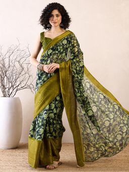 Sareemall - Women Cotton Blend Teal Printed Saree with Unstitched Bloue