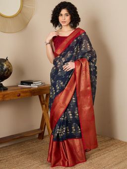 Sareemall - Women Cotton Blend Navy Blue Printed Saree with Unstitched Bloue