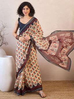 Sareemall - Women Cotton Blend Beige Printed Pre-Draped Saree with Unstitched Bloue